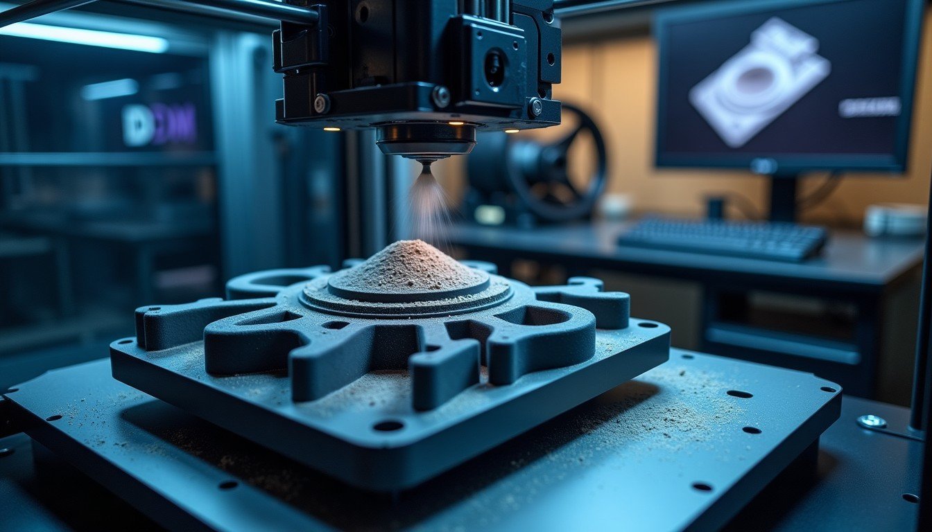 Close-up of an industrial SLS 3D printer mid-build inside a clean UK motorsport engineering workshop, layers of nylon po