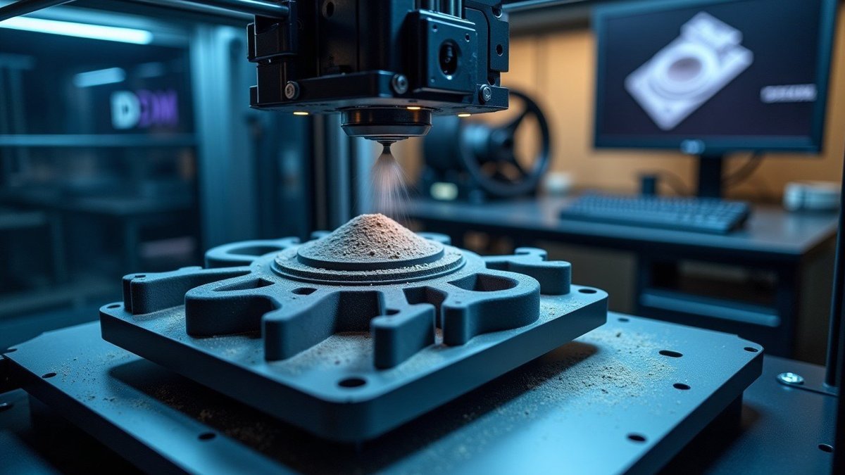Close-up of an industrial SLS 3D printer mid-build inside a clean UK motorsport engineering workshop, layers of nylon po