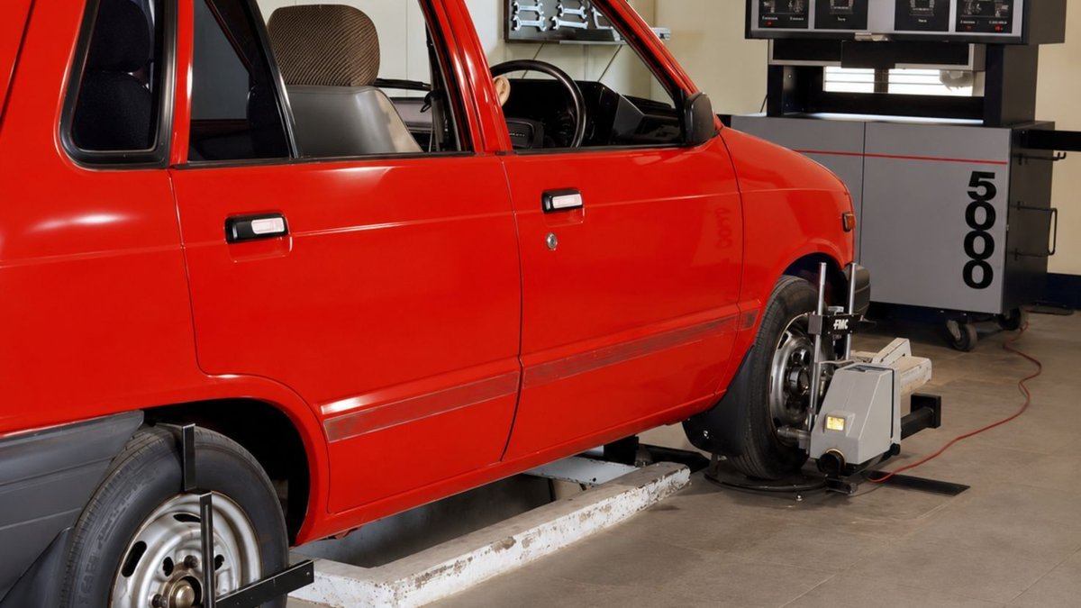 Red compact car in an automotive workshop undergoing computerized wheel alignment service.